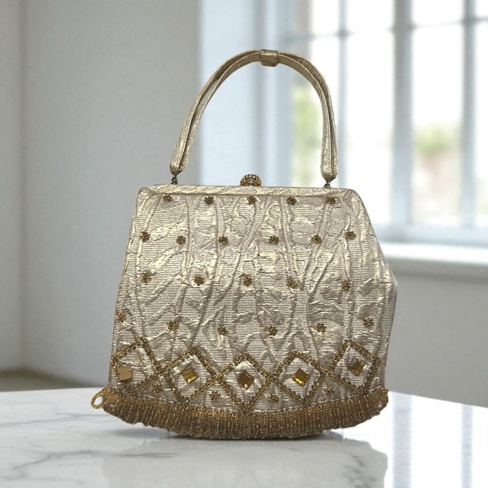 VTG Soure Beaded Evening Bag Gold Textured Beaded Clasp Fringe Rhinestones READ
